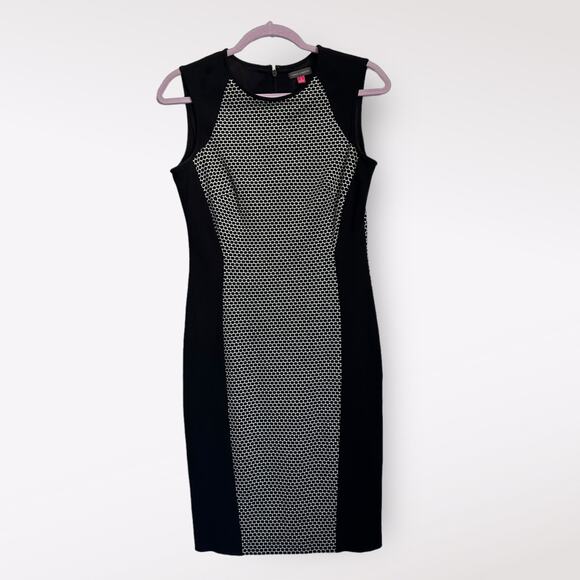 Vince Camuto Lined Sheath Midi Polka Dot Black White Peplum Bodycon Dress‎ Sz 4 - Picture 1 of 8